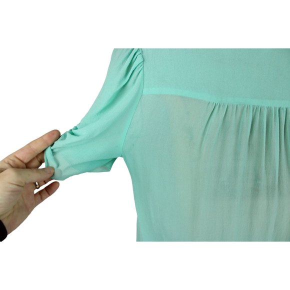 t. babaton Silk Crepe Blouse XS Mint Green Short Sleeve V Neck Ruffle CA270 - Picture 6 of 14